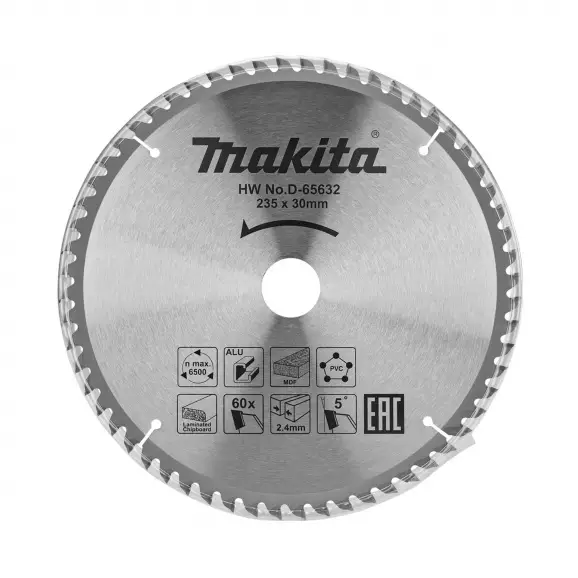 Диск с твърдосплавни пластини MAKITA 235/2.4/30 Z=60, за рязане на алуминий, дървесина и PVC