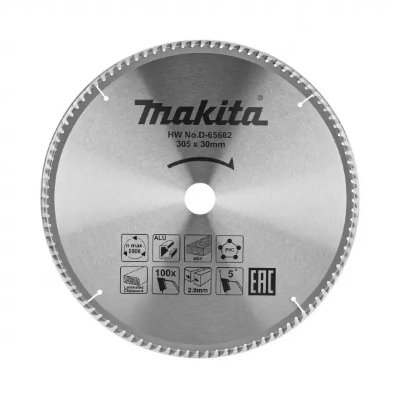 Диск с твърдосплавни пластини MAKITA 305/2.8/30 Z=100, за рязане на алуминий, дървесина и PVC