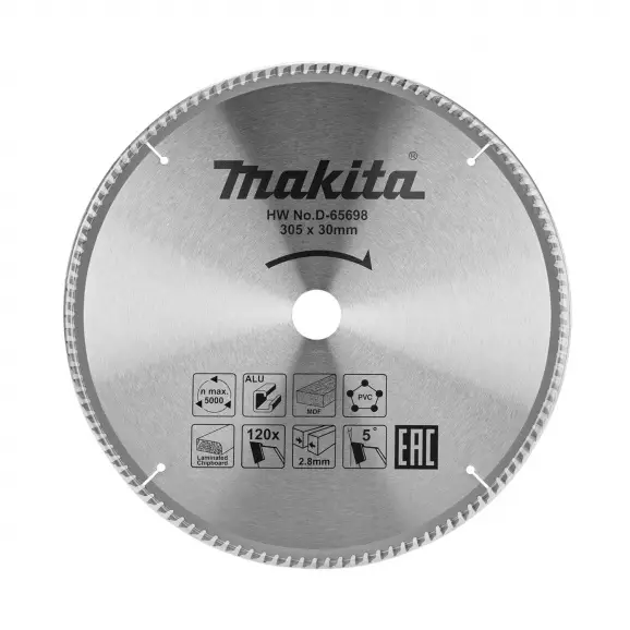 Диск с твърдосплавни пластини MAKITA 305/2.8/30 Z=120, за рязане на алуминий, дървесина и PVC