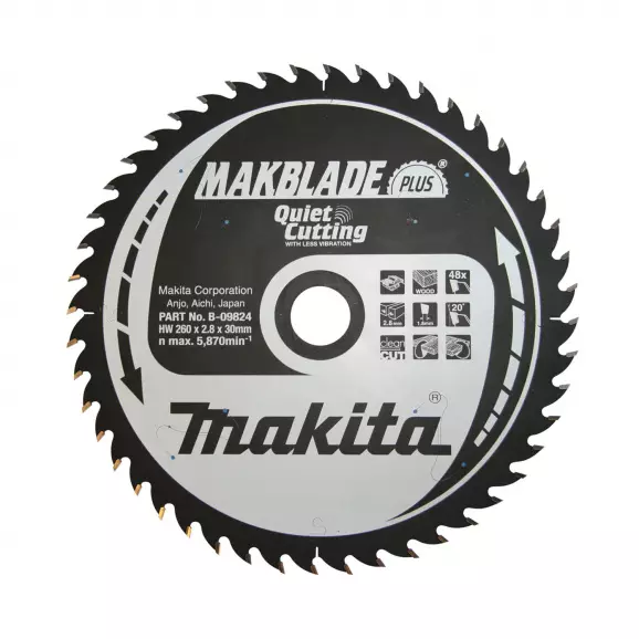 Диск с твърдосплавни пластини MAKITA MAKBLADE-Plus 260/2.8/30 Z=48, за дървесина