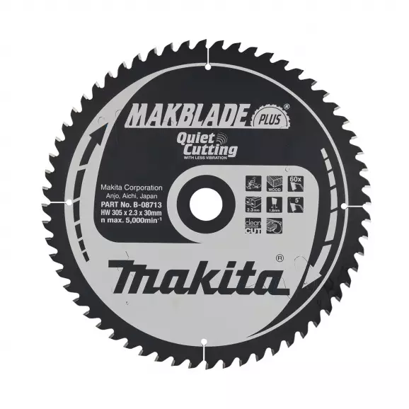 Диск с твърдосплавни пластини MAKITA MAKBLADE-Plus 305/2.3/30 Z=60, за дървесина