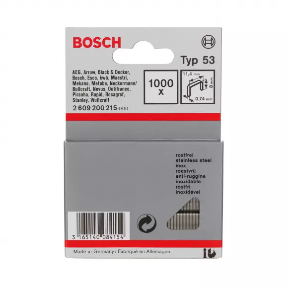 Кламери BOSCH Professional 53/8мм 1000бр. A2, тип 53, плоска тел, кутия