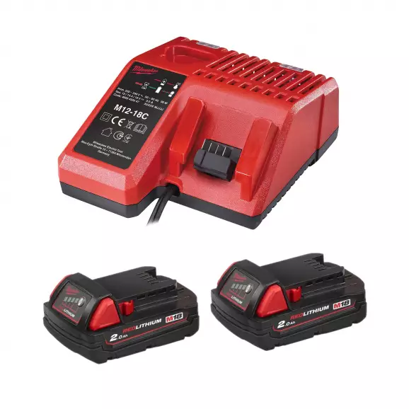 Комплект батерии и зарядно устройство MILWAUKEE M18 B2 + зарядно M12-18 C, 18V, 2.0Ah, Li-Ion, к-кт