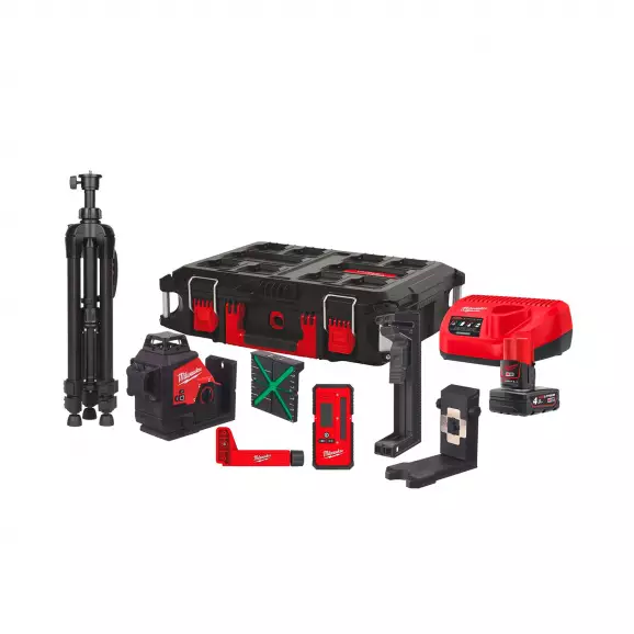 Линеен лазерен нивелир MILWAUKEE M12 3PLKIT-401P, 3 лазерни линии, точност 3mm/10m, 38м, автоматично
