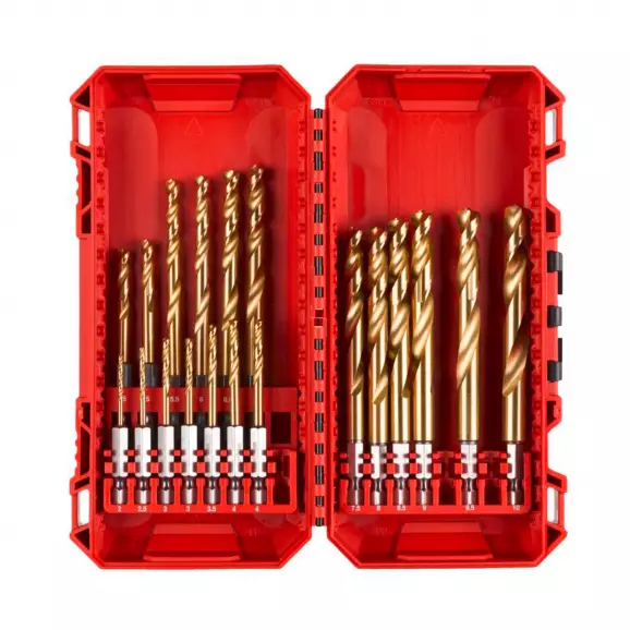 Свредла MILWAUKEE Shockwave Red Hex 2.0-10мм 19части, за метал, HSS-G TiN, шестостенна опашка