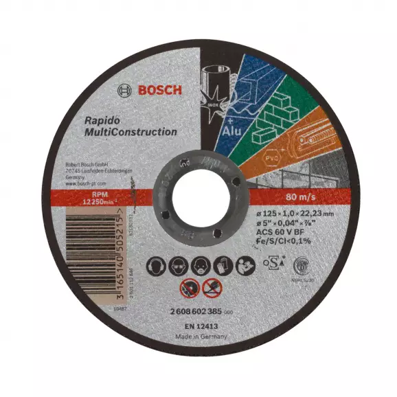 Диск карбофлексов BOSCH Rapido Multi Construction 125x1.0x22.23мм, за рязане на газобетон, алуминий, пластмаса, керемиди, стомана