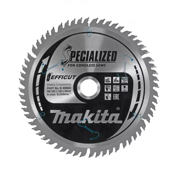 Диск с твърдосплавни пластини MAKITA SPECIALIZED 165/1.85/20 Z=60, за дървесина