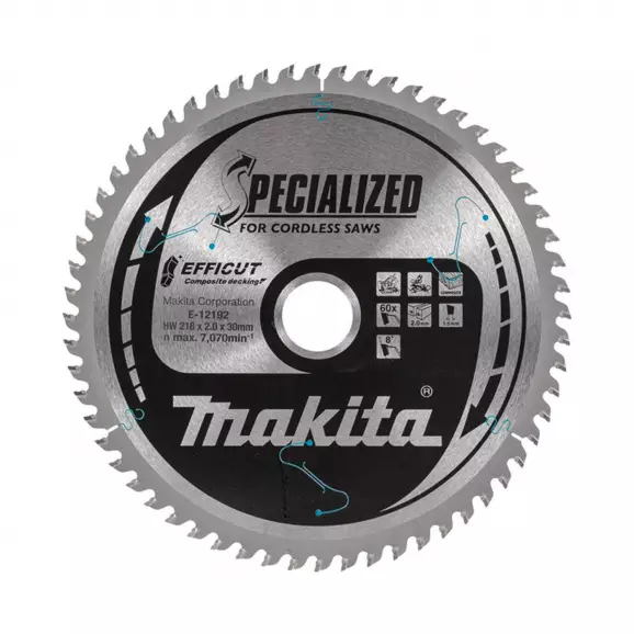 Диск с твърдосплавни пластини MAKITA SPECIALIZED 216/2.0/30 Z=60, за дървесина (композитен декинг)