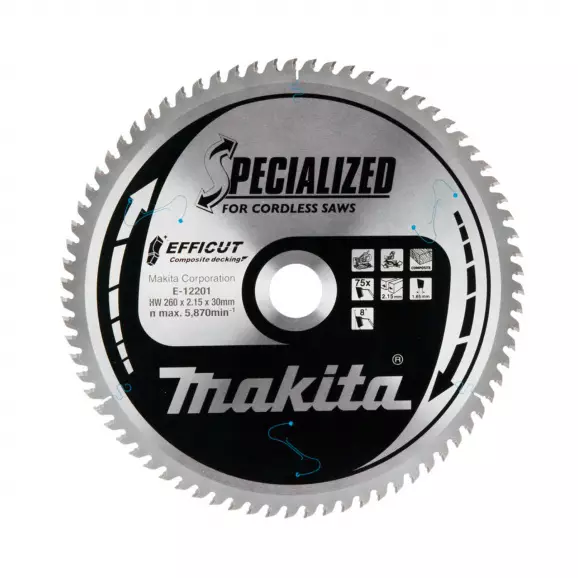 Диск с твърдосплавни пластини MAKITA SPECIALIZED 260/2.15/30 Z=75, дървесина (композитен декинг)