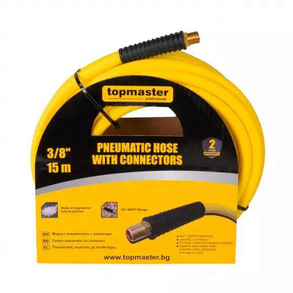 Маркуч за въздух TOPMASTER 3/8'', 15м, с бързи връзки 1/4'', работно налягане 2.06 Mpa