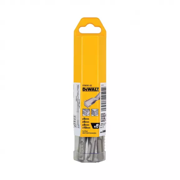 Свредла DEWALT 5.0-10мм 5части, за бетон и зидария, 2 режещи ръба, SDS-plus