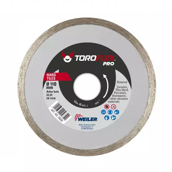 Диск диамантен WEILER TOROFLEX Pro Hard Tiles 110x22.23мм, за гранитогрес, теракот и фаянс, сухо рязане 