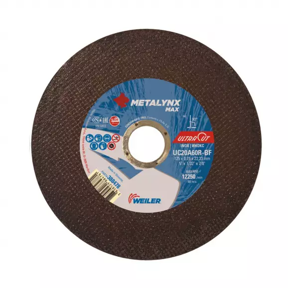 Диск карбофлексов WEILER METALYNX MAX Ultracut 125x0.75x22.23мм, за рязане на неръждаема стомана