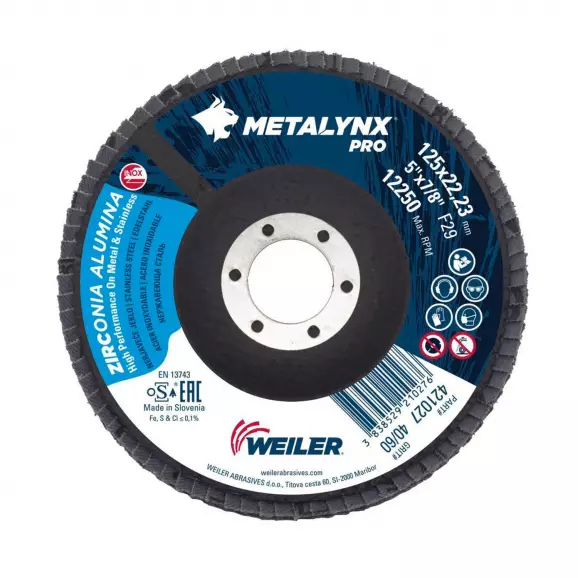 Диск ламелен WEILER METALYNX MAX 125x22.23 P40/60, за шлайфане на неръждаема стомана