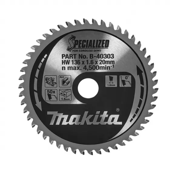 Диск с твърдосплавни пластини MAKITA SPECIALIZED 136/1.6/20 Z=50, за алуминий