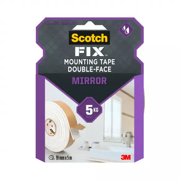 Двойнозалепваща лента 3M Scotch FIX Mirror 19мм/5.0м, до 5кг, бяла, за огледала
