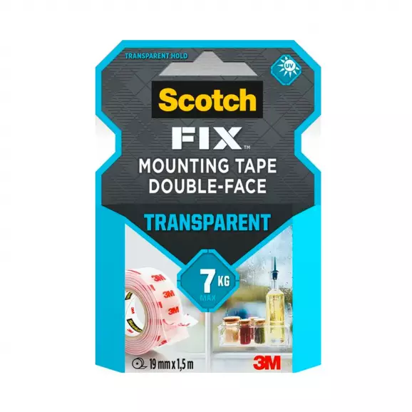 Двойнозалепваща лента 3M Scotch FIX Transparent 19мм/1.5м, прозрачна, UV-устойчива, до 7кг