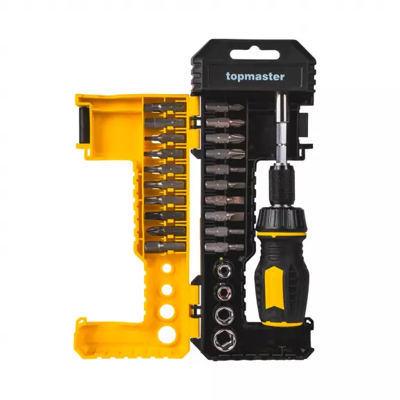 Отвертка с тресчотен механизъм TOPMASTER 25 части, S2-стомана