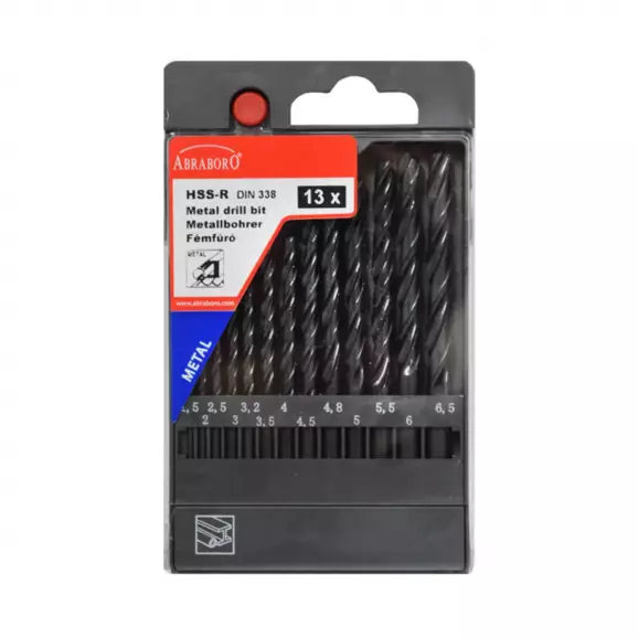 Свредла ABRABORO BASIC 1.5-6.5мм 13части, за метал, HSS-R, горещо валцовано, цилиндрична опашка