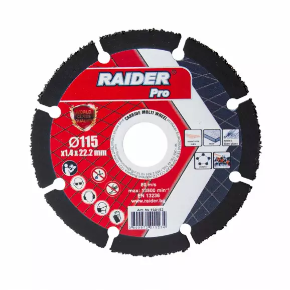 Диск карбиден RAIDER CARBIDE Multi Wheel 115x1.4x22.23мм, за рязане на метал, епоксидно и фибро стъкло, пластмаса