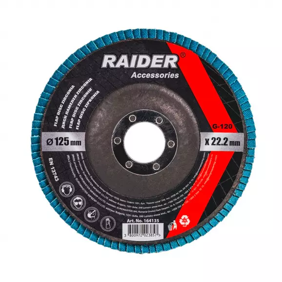 Диск ламелен RAIDER Zirconia 125х22.23мм P120, за шлайфане на неръждаема стомана, дърво, пластмаси