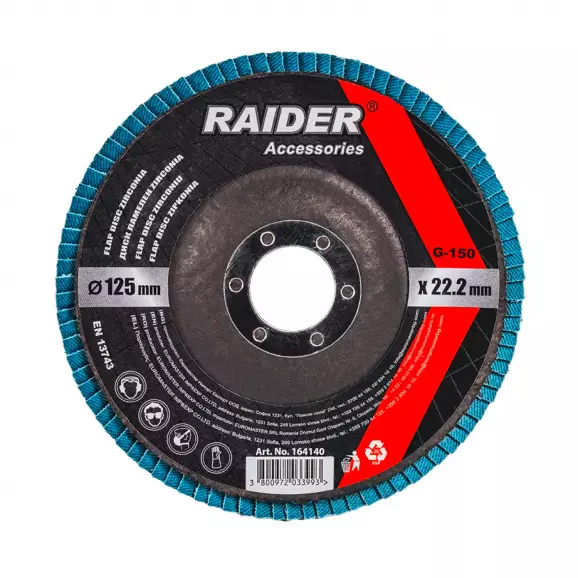 Диск ламелен RAIDER Zirconia 125х22.23мм P150, за шлайфане на неръждаема стомана, дърво, пластмаси