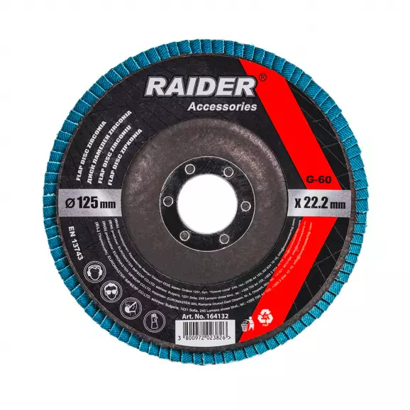 Диск ламелен RAIDER Zirconia 125х22.23мм P60, за шлайфане на неръждаема стомана, дърво, пластмаси