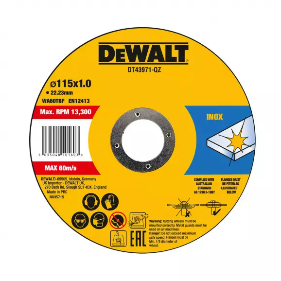 Диск карбофлексов DEWALT 115х1.0х22.23мм, за рязане на неръждаема стомана