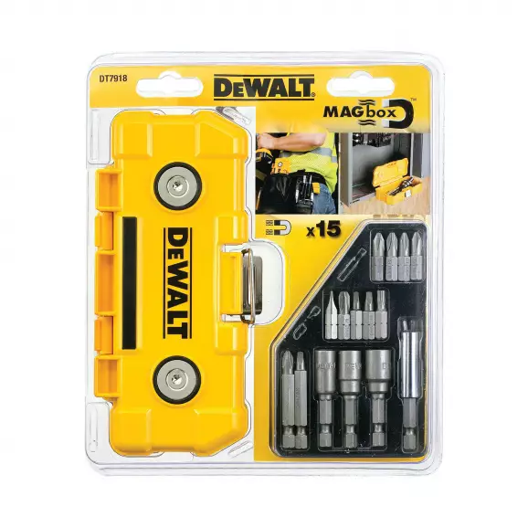 Комплект накрайници DEWALT 15части, PH, PZ, TX, с магнитен държач