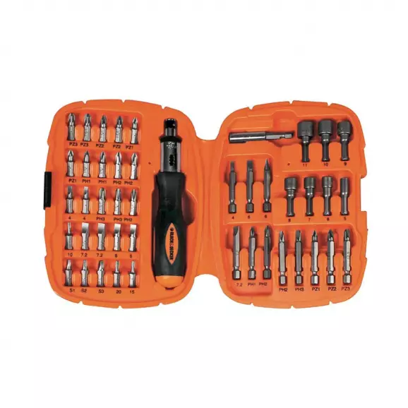 Отвертка с тресчотен механизъм с накрайници BLACK&DECKER A7039 45части, PH, PZ,SB, TX, шестостен, квадрат, двукомпонентна дръжка