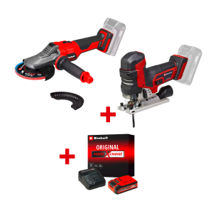 Акумулаторен ъглошлайф EINHELL TP-AG 18/125 F Li BL - Solo+Акумулаторен прободен трион EINHELL TP-JST 18/135 Li BL - Solo+Стартов компплект Power X-Change 18 V / 4,0 Ah PLUS на специална цена 4,99 €