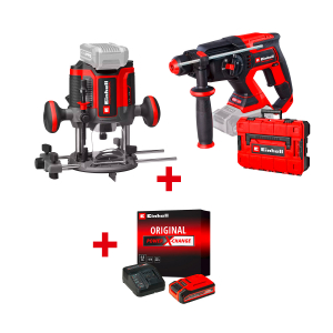 Акумулаторна оберфреза EINHELL TP-RO 18/55 Li BL+Акумулаторен перфоратор EINHELL TP-HD 18/22 D Li BL-Solo+Стартов компплект Power X-Change 18 V / 4,0 Ah PLUS на специална цена 4,99 €