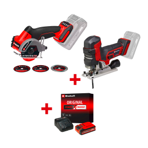 Акумулаторен ъглошлайф EINHELL TP-CO 18/76-C Li BL+Акумулаторен прободен трион EINHELL TP-JST 18/135 Li BL - Solo+ Стартов компплект Power X-Change 18 V / 4,0 Ah PLUS на специална цена 4,99 €