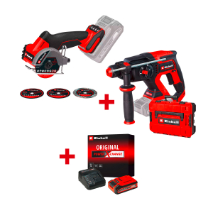 Акумулаторен перфоратор EINHELL TP-HD 18/22 D Li BL - Solo + Акумулаторен ъглошлайф EINHELL TP-CO 18/76-C Li BL + Стартов компплект Power X-Change 18 V / 4,0 Ah PLUS на специална цена 4,99 €