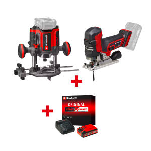 Акумулаторен прободен трион EINHELL TP-JST 18/135 Li BL - Solo+Акумулаторна оберфреза EINHELL TP-RO 18/55 Li BL+Стартов компплект Power X-Change 18 V/4,0 Ah PLUS на специална цена 4,99 €
