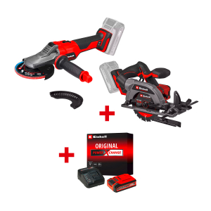 Акумулаторен ъглошлайф EINHELL TP-AG 18/125 F Li BL - Solo+Акумулаторен циркулярен трион EINHELL TP-CS 18/136-C Li BL+Стартов компплект Power X-Change 18 V / 4,0 Ah PLUS на специална цена 4,99 €
