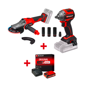 Акумулаторен гайковерт ударен EINHELL TP-CW 18/260-C Li BL-Solo+Акумулаторен ъглошлайф EINHELL TP-AG 18/125 F Li BL - Solo+Стартов компплект Power X-Change 18 V / 4,0 Ah PLUS на специална цена 4,99 €