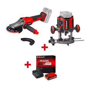 Акумулаторен ъглошлайф EINHELL TP-AG 18/125 F Li BL - Solo+Акумулаторна оберфреза EINHELL TP-RO 18/55 Li BL++ Стартов компплект Power X-Change 18 V / 4,0 Ah PLUS на специална цена 4,99 €