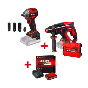 Акумулаторен перфоратор EINHELL TP-HD 18/22 D Li BL - Solo+Акумулаторен гайковерт ударен EINHELL TP-CW 18/260-C Li BL-Solo+Стартов компплект Power X-Change 18 V / 4,0 Ah PLUS на специална цена 4,99 €