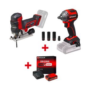Акумулаторен гайковерт ударен EINHELL TP-CW 18/260-C Li BL-Solo+Акумулаторен прободен трион EINHELL TP-JST 18/135 Li BL-Solo+ Стартов компплект Power X-Change 18 V/4,0 Ah PLUS на специална цена 4,99 €
