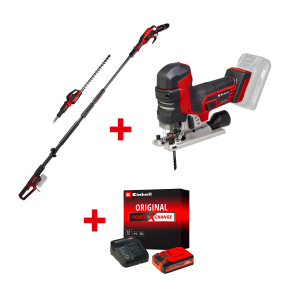 Акумулаторна кастрачка за клони EINHELL GP-HC 18/5020LiT BL-Solo+Акумулаторен прободен трион EINHELL TP-JST18/135 Li BL-Solo+Стартов компплект Power X-Change 18 V/4,0 Ah PLUS на специална цена 4,99 €