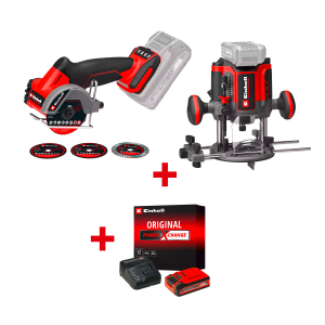 Акумулаторен ъглошлайф EINHELL TP-CO 18/76-C Li BL+Акумулаторна оберфреза EINHELL TP-RO 18/55 Li BL+ Стартов компплект Power X-Change 18 V / 4,0 Ah PLUS на специална цена 4,99 €